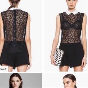 Equipment top women XS blouse lace black Sheer collared shirt sleeveless E